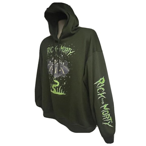 RICK & MORTY Dark Green Hoodie Pullover Sweatshirt XL Stretch Adult Swim Aliens - Picture 2 of 9